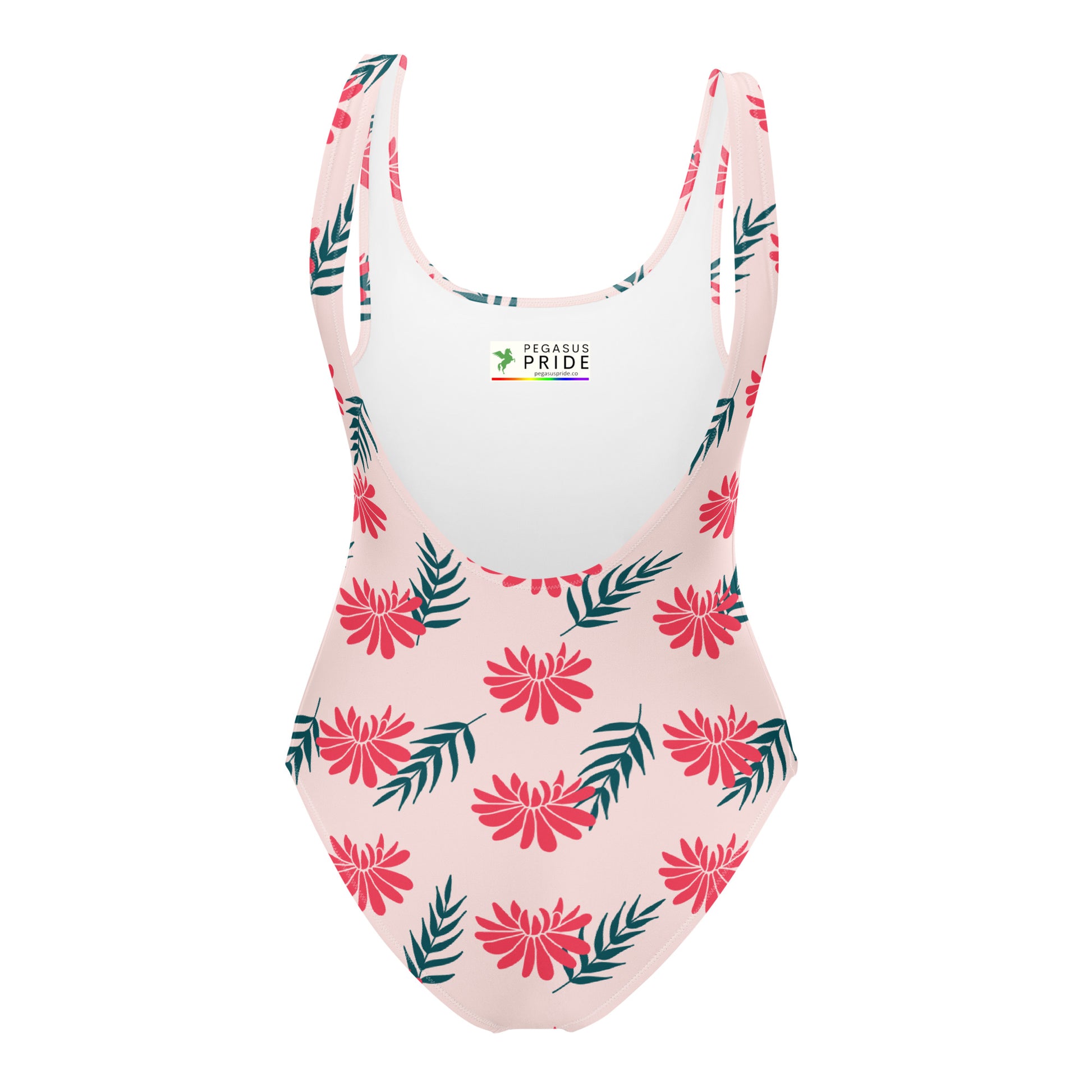 One-piece swimsuit with floral pattern on a white background