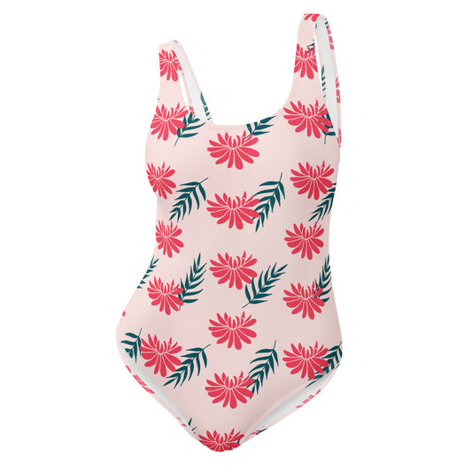 pink One-piece swimsuit with lotus floral pattern on a white background