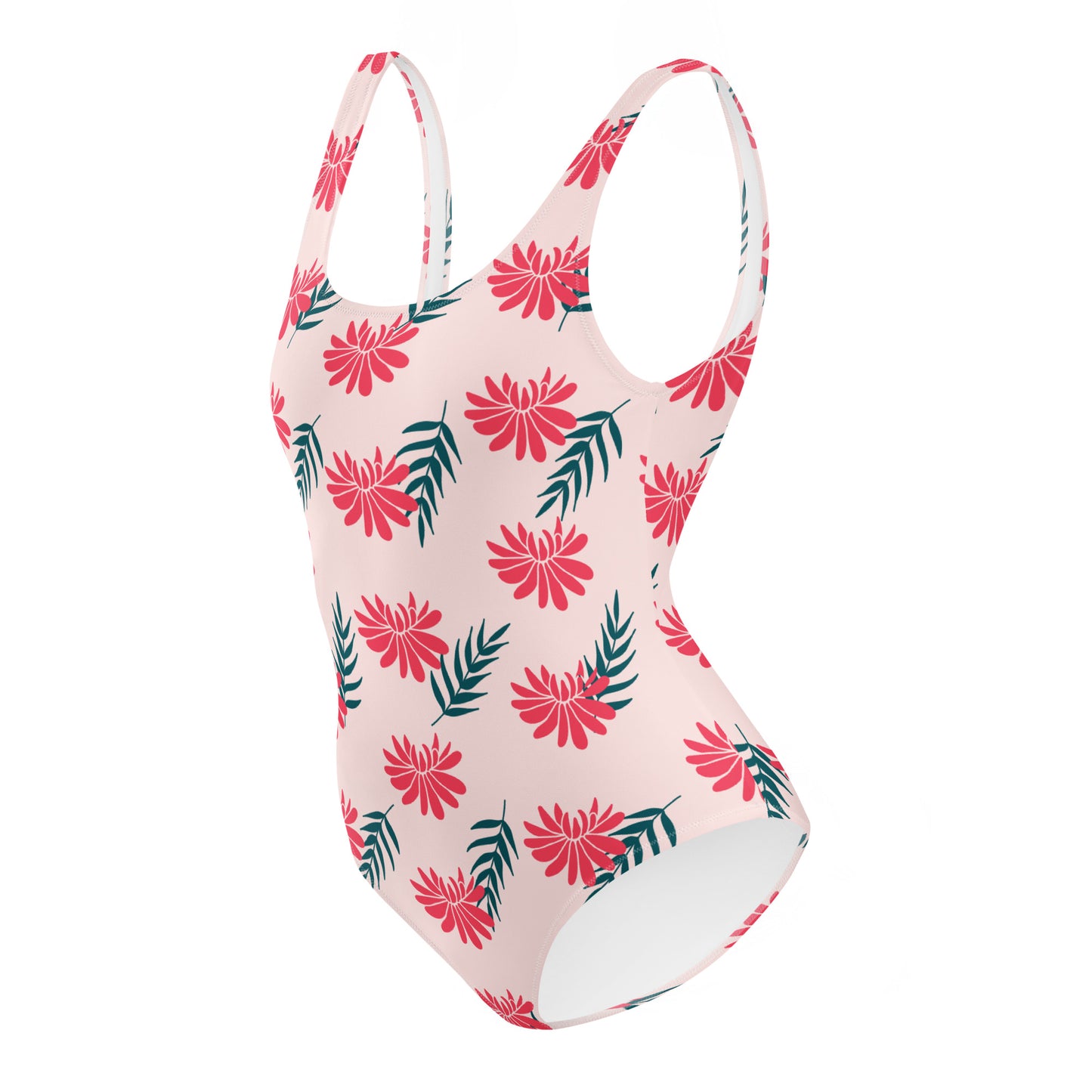 One-piece swimsuit with pink tropical pattern on a white background