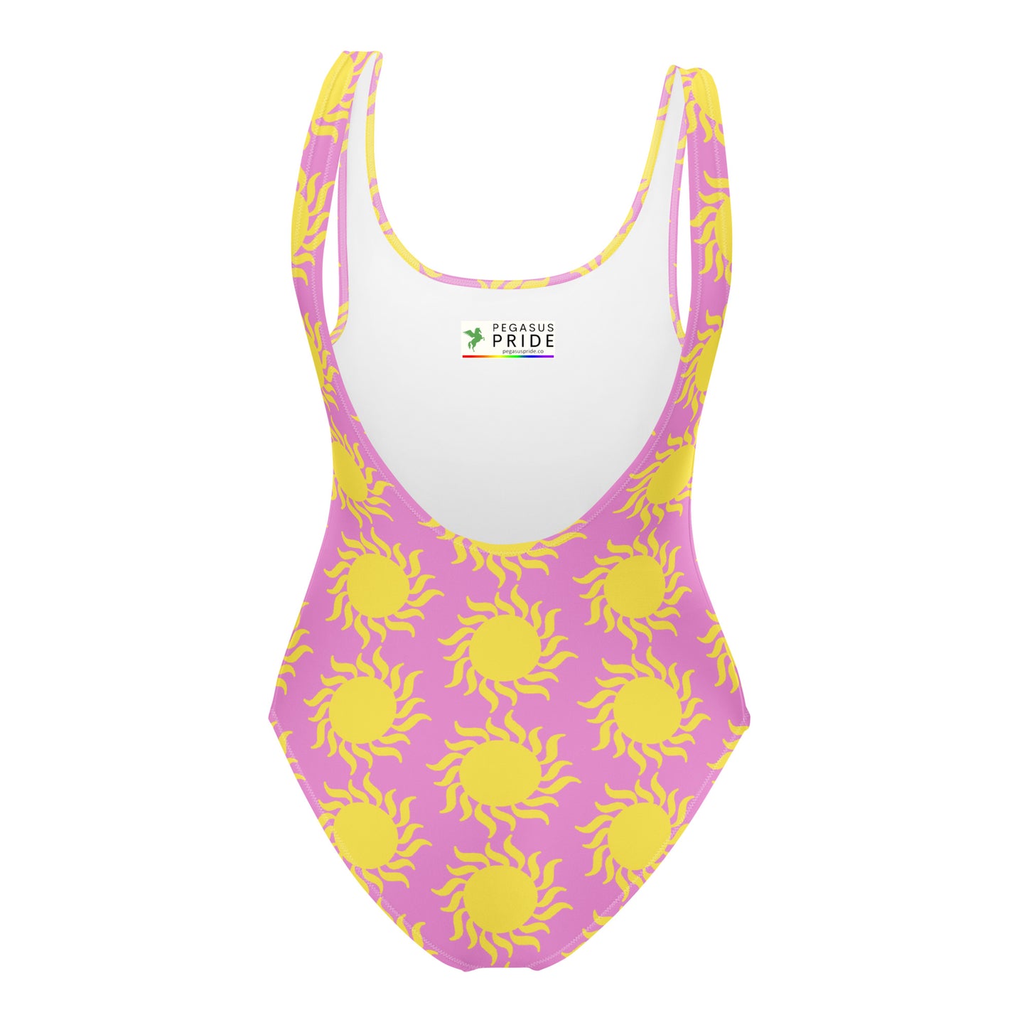 Pink swimsuit with yellow sun patterns on a white background