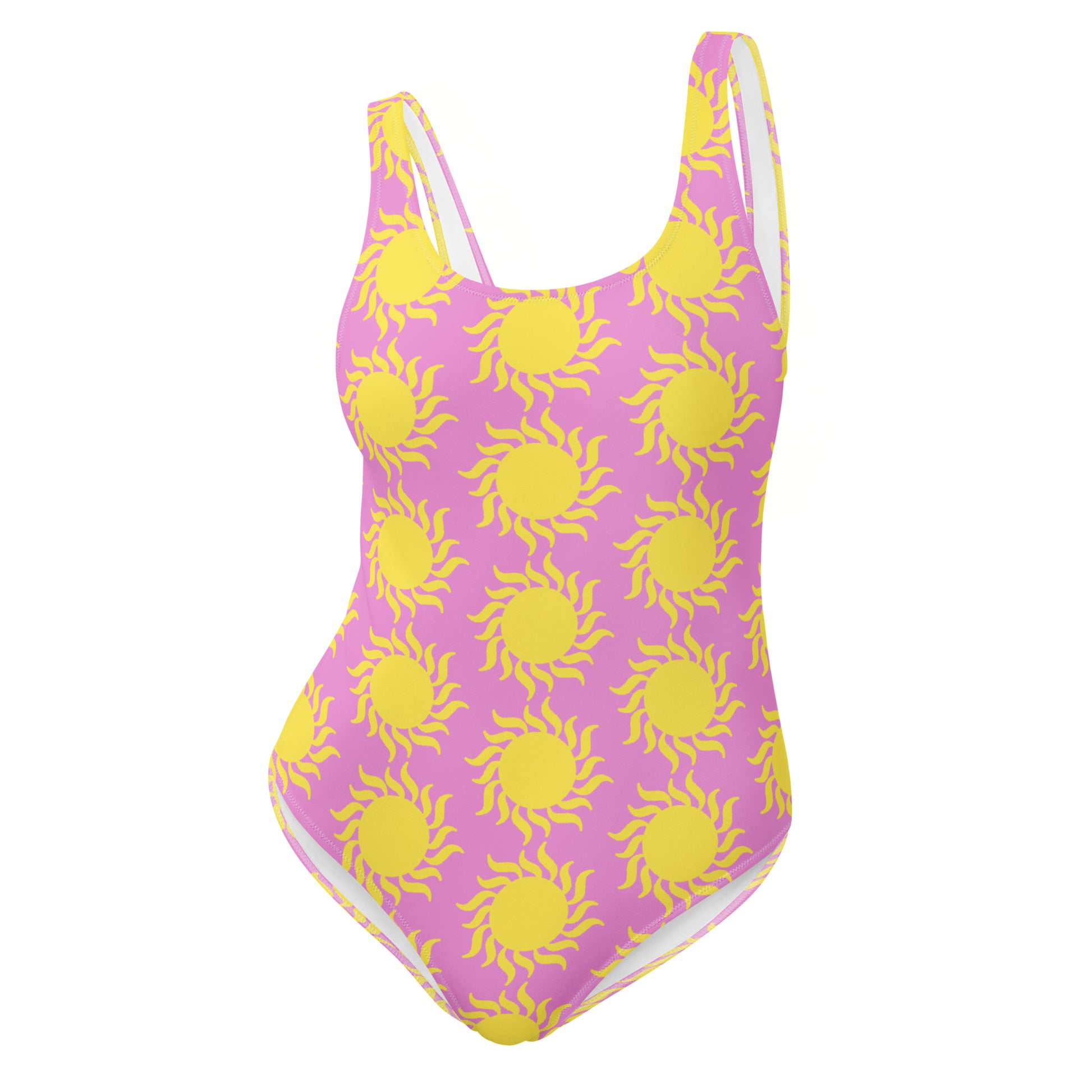 Pink one-piece swimsuit with yellow sun pattern on a white background