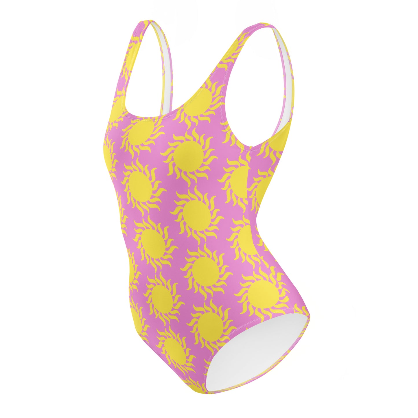 Pink swimsuit with yellow sun patterns on a white background
