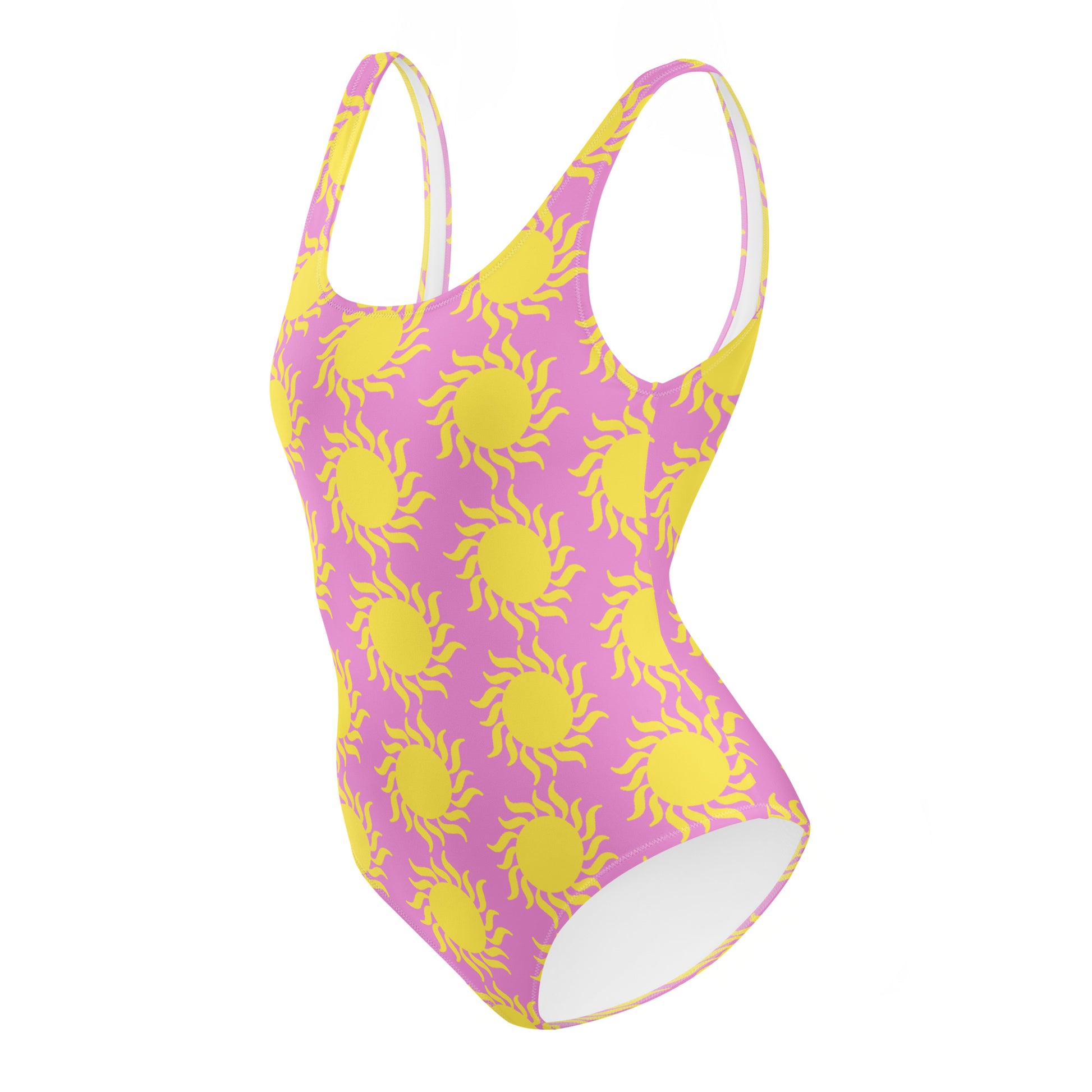 Pink swimsuit with yellow sun patterns on a white background