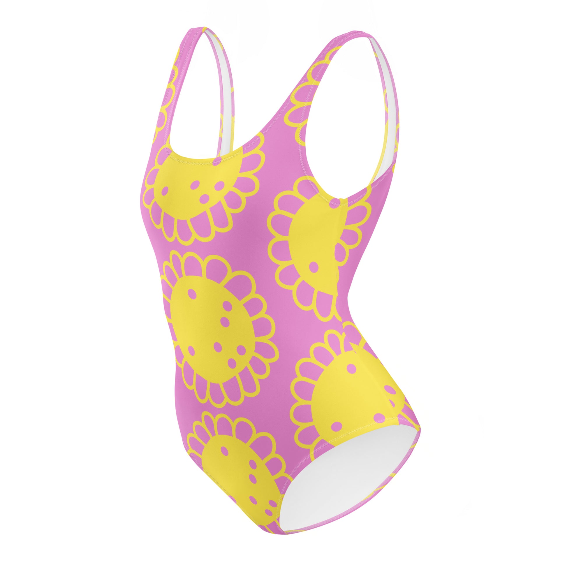 Pink and yellow floral patterned swimsuit on a white background