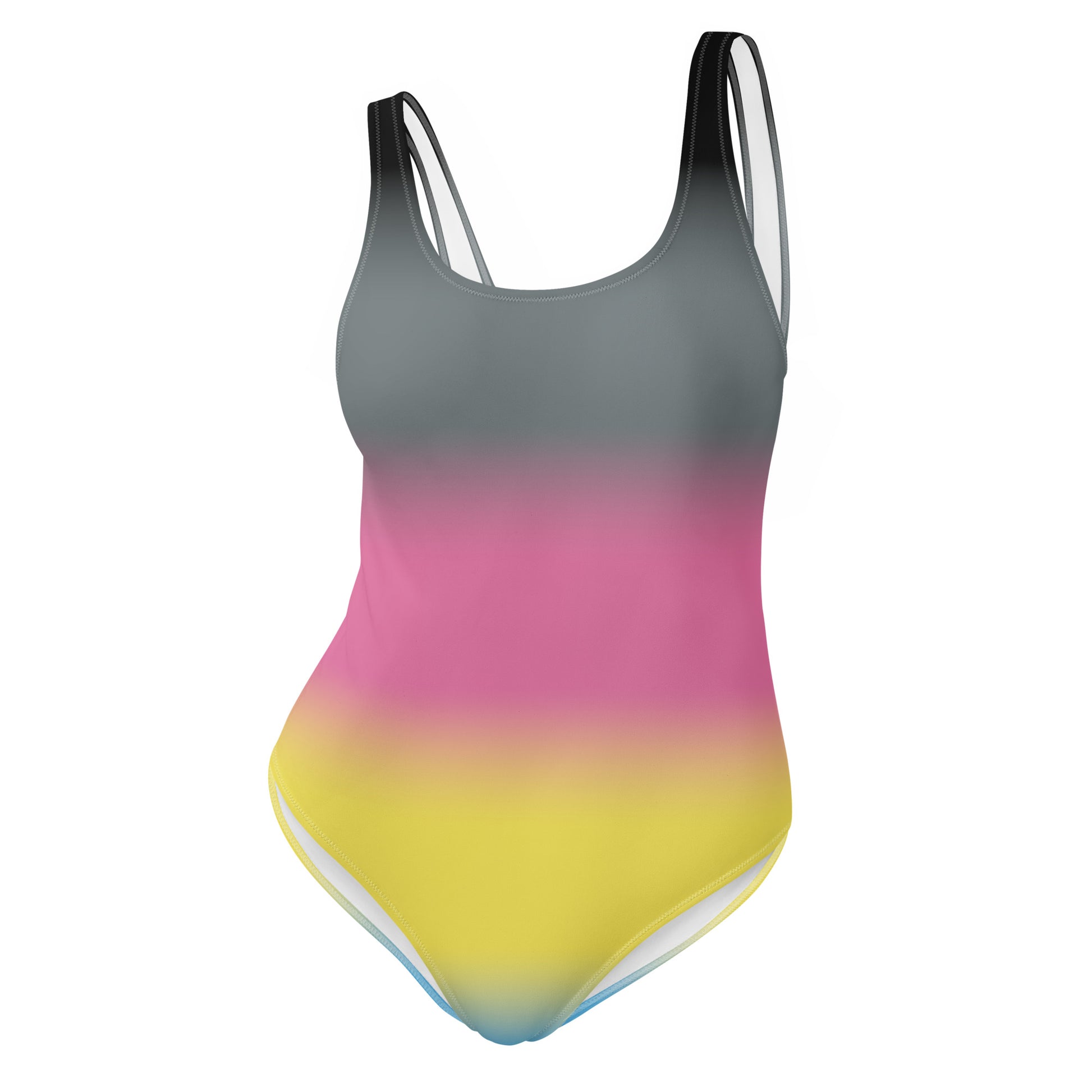polygender pride gradient swimsuit with gray, pink, yellow, and blue colors on a white background