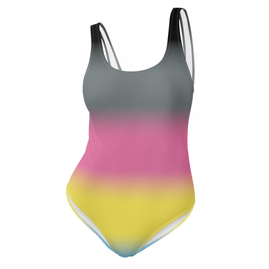 polygender pride gradient swimsuit with gray, pink, yellow, and blue colors on a white background
