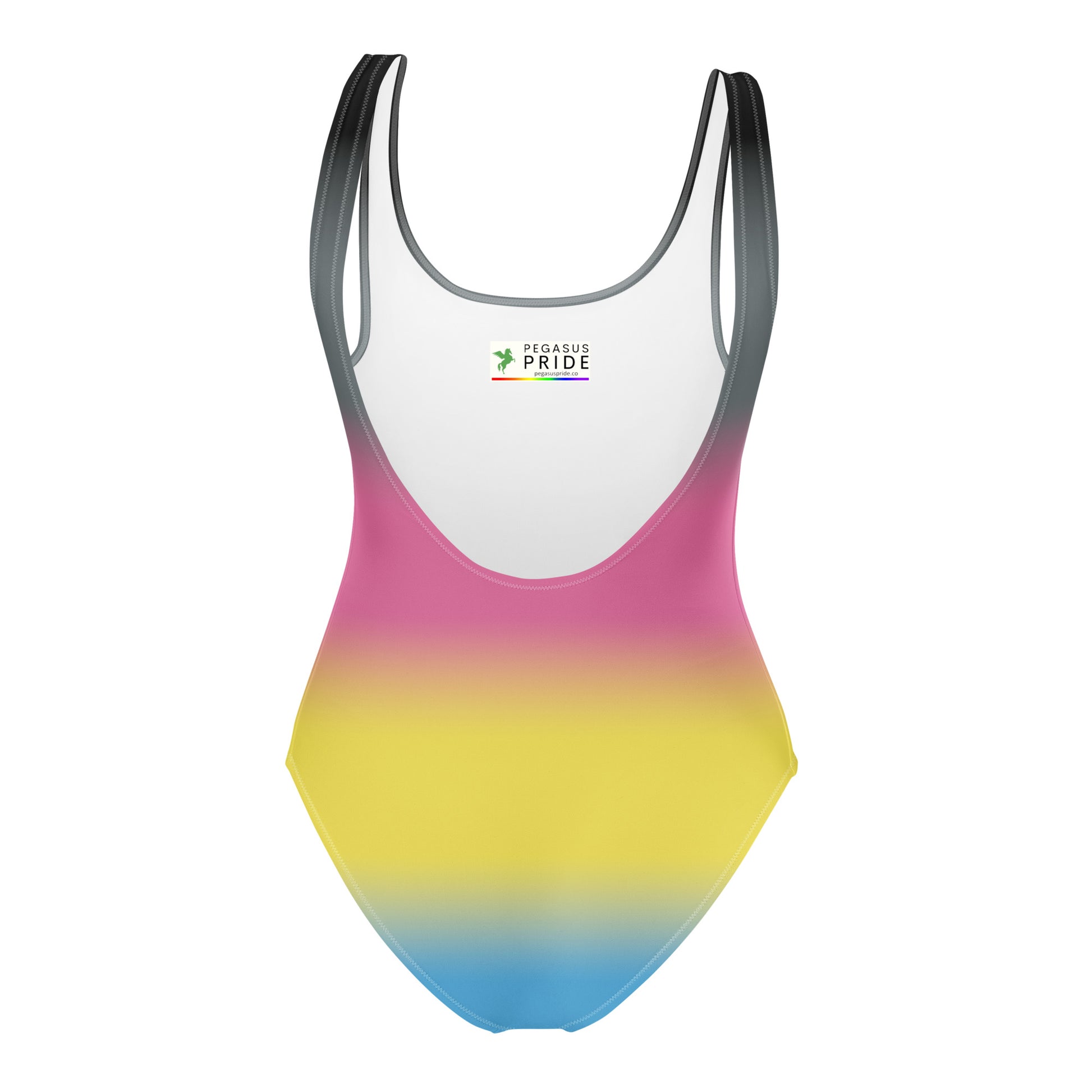 polygender gradient swimsuit with pink, yellow, and blue colors on a white background