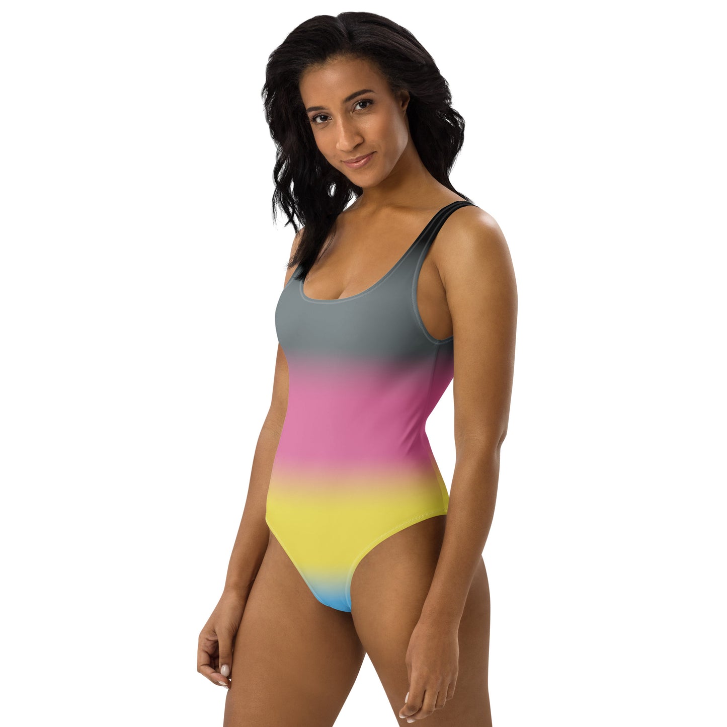 Woman wearing a polygender pride gradient swimsuit on a white background