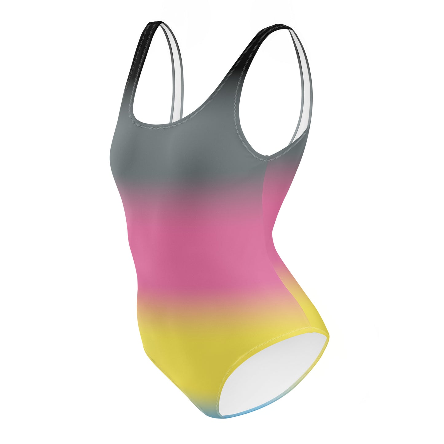 polygender pride gradient swimsuit with gray, pink, and yellow colors on a white background
