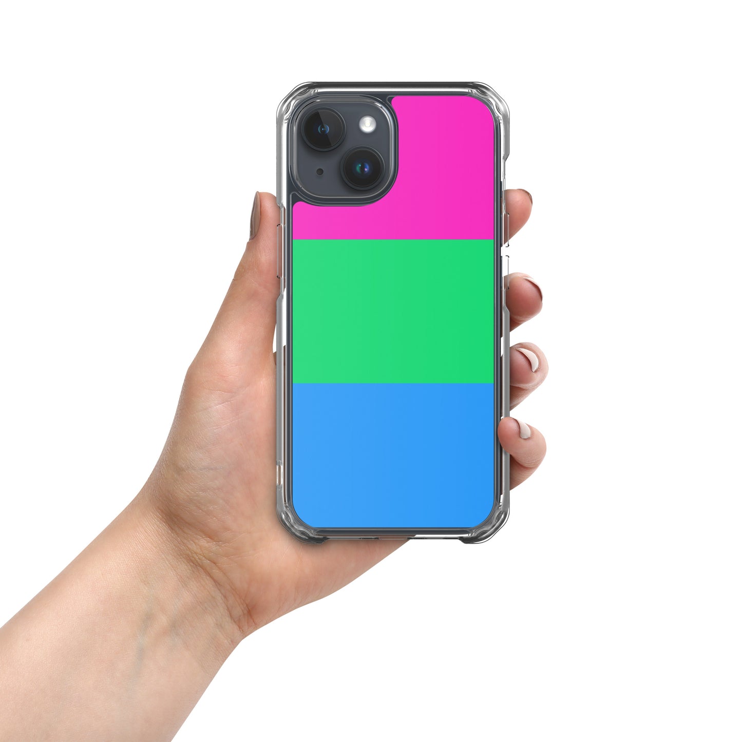 Apple iPhone 15 mobile phone case with polysexual pride flag design on white background