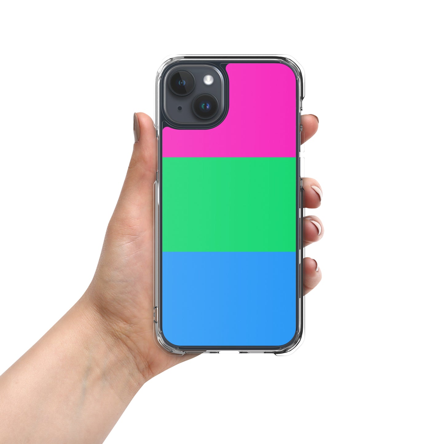 Apple iPhone 15 plus mobile phone case with polysexual pride flag design on white background
