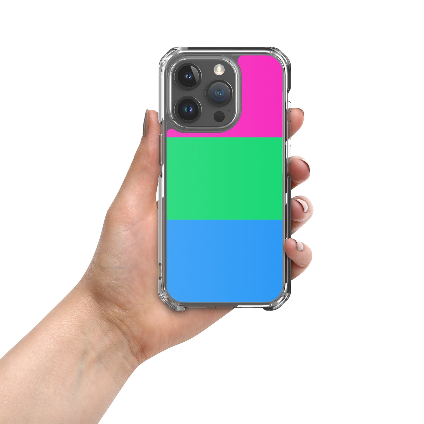Apple iPhone 15 Pro mobile phone case with polysexual pride flag design on white background