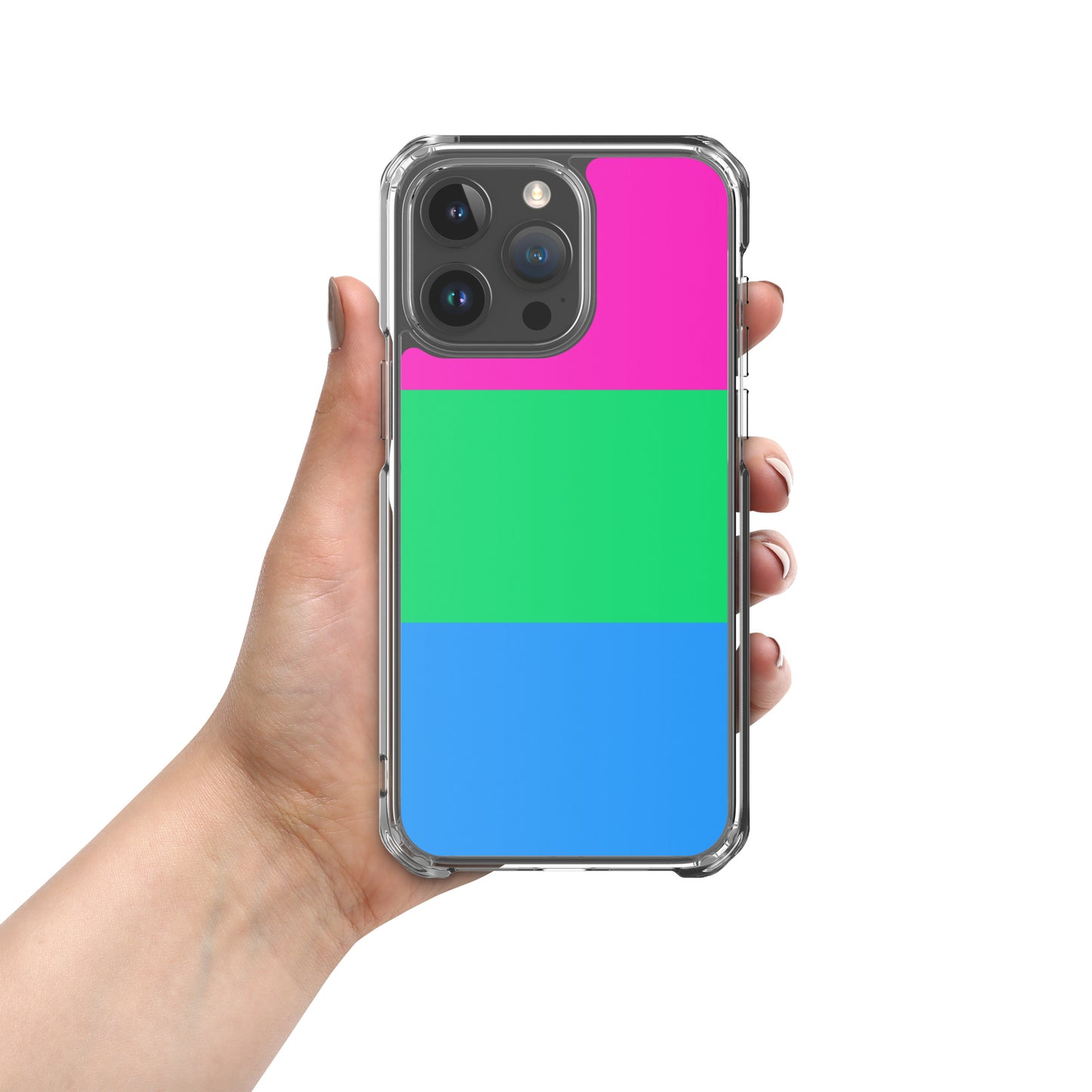 Apple iPhone 15 Pro Max mobile phone case with polysexual pride flag design on white background