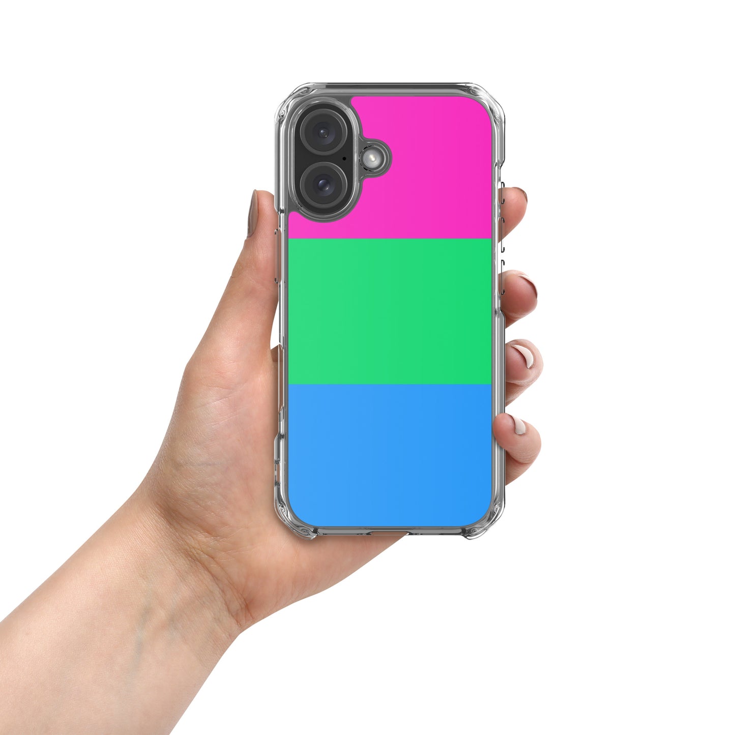 Apple iPhone 16 mobile phone case with polysexual pride flag design on white background