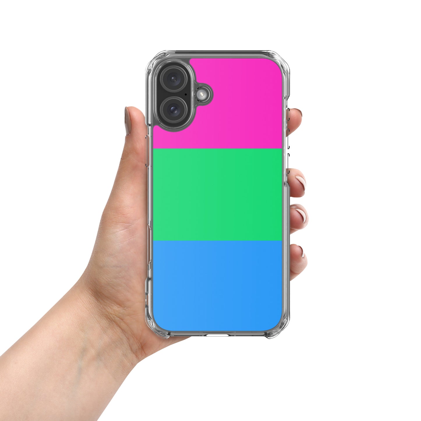 Apple iPhone 16 plus mobile phone case with polysexual pride flag design on white background