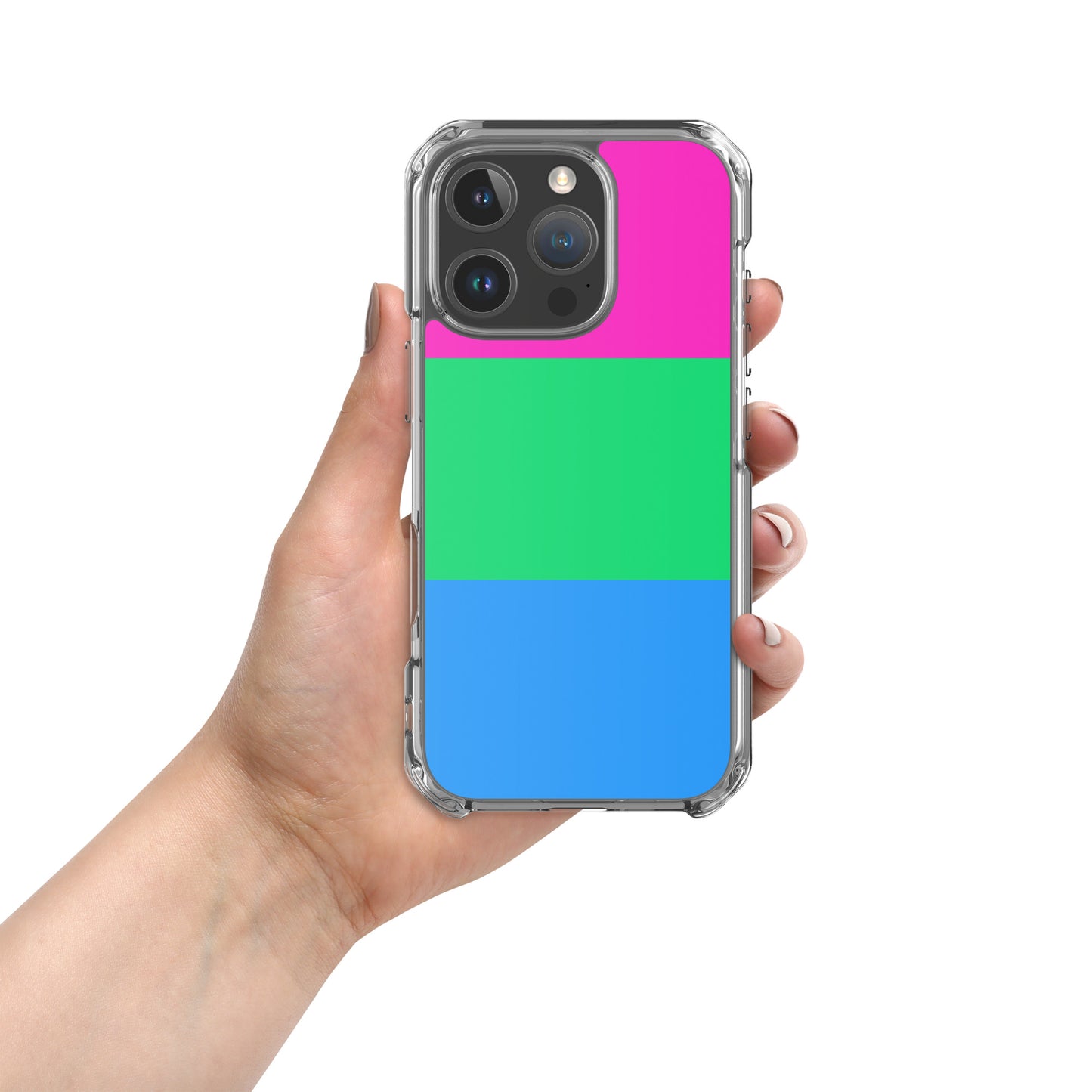 Apple iPhone 16 Pro mobile phone case with polysexual pride flag design on white background