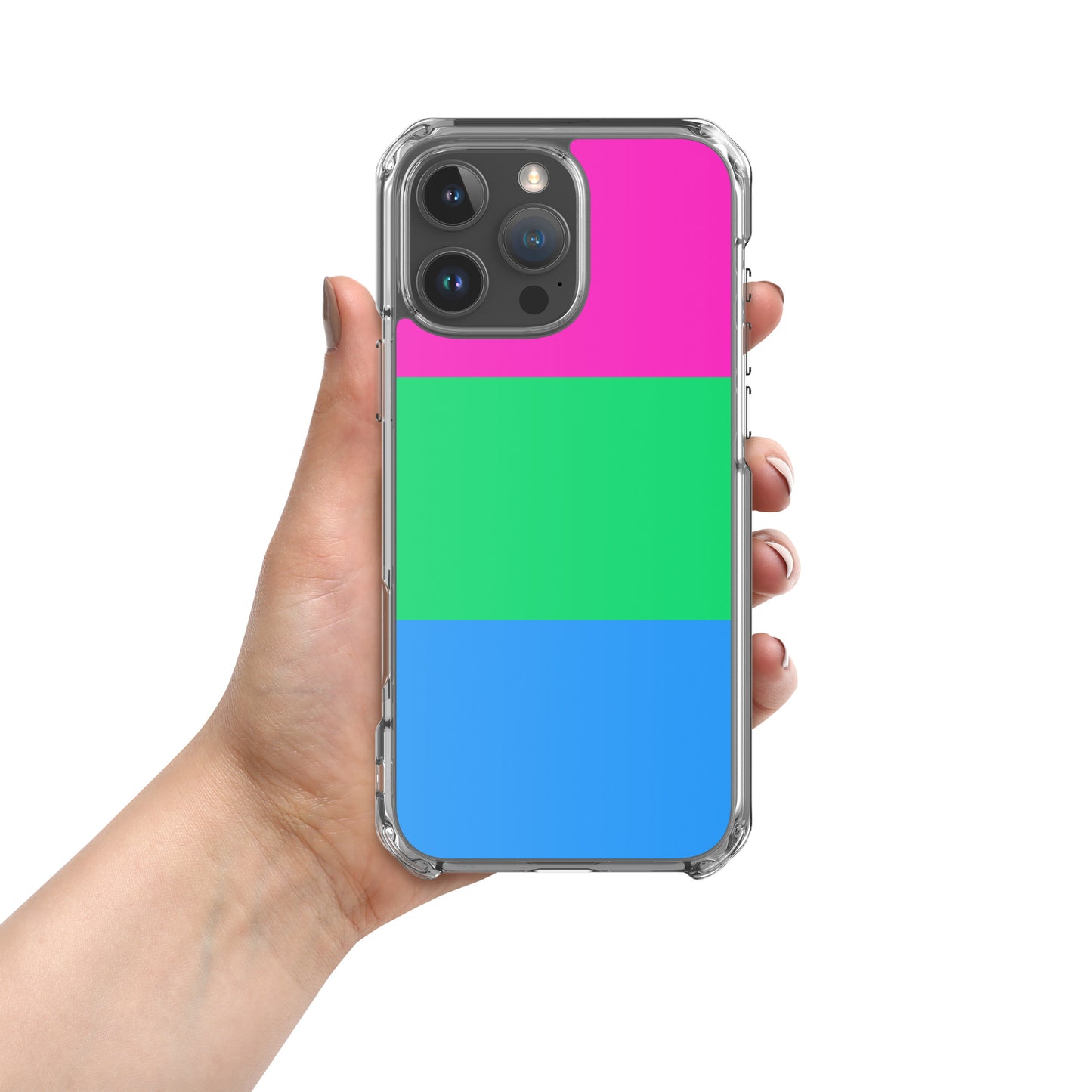 Apple iPhone 16 Pro Max mobile phone case with polysexual pride flag design on white background