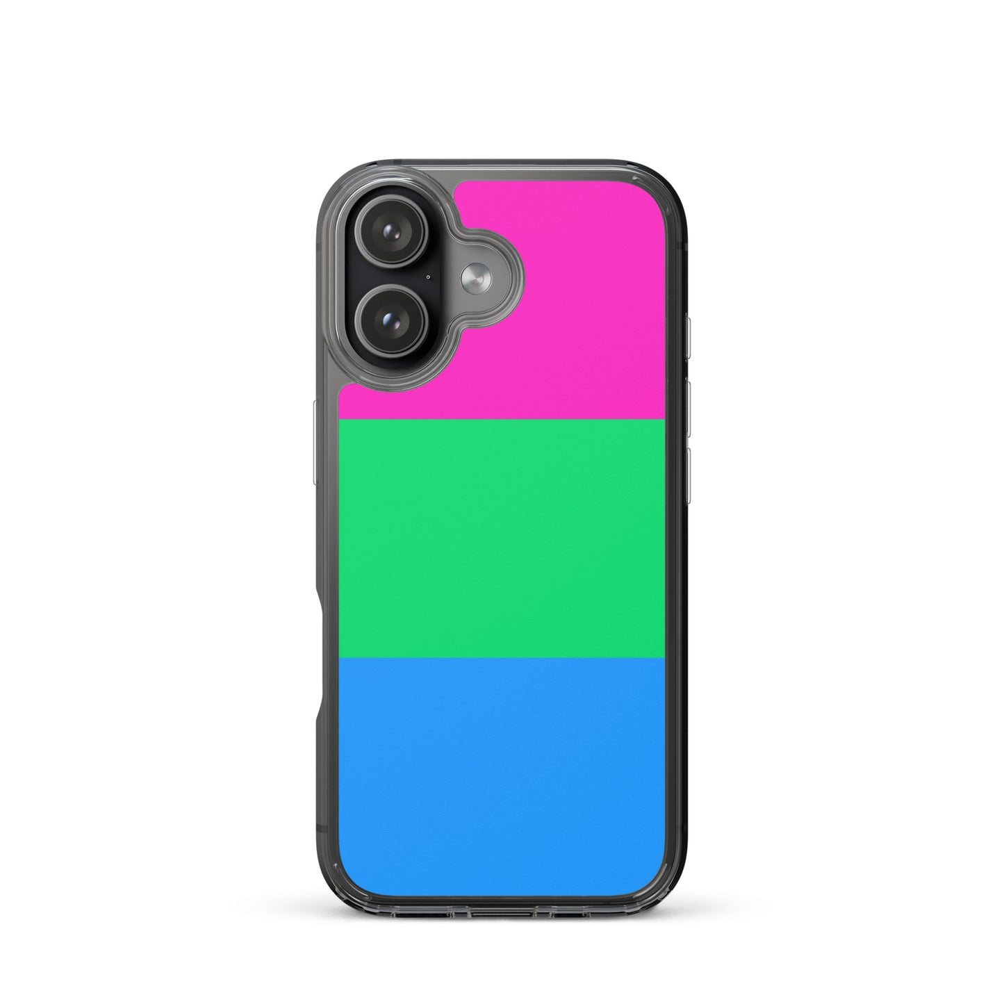 Apple iPhone 17 mobile phone case with polysexual pride flag design on white background