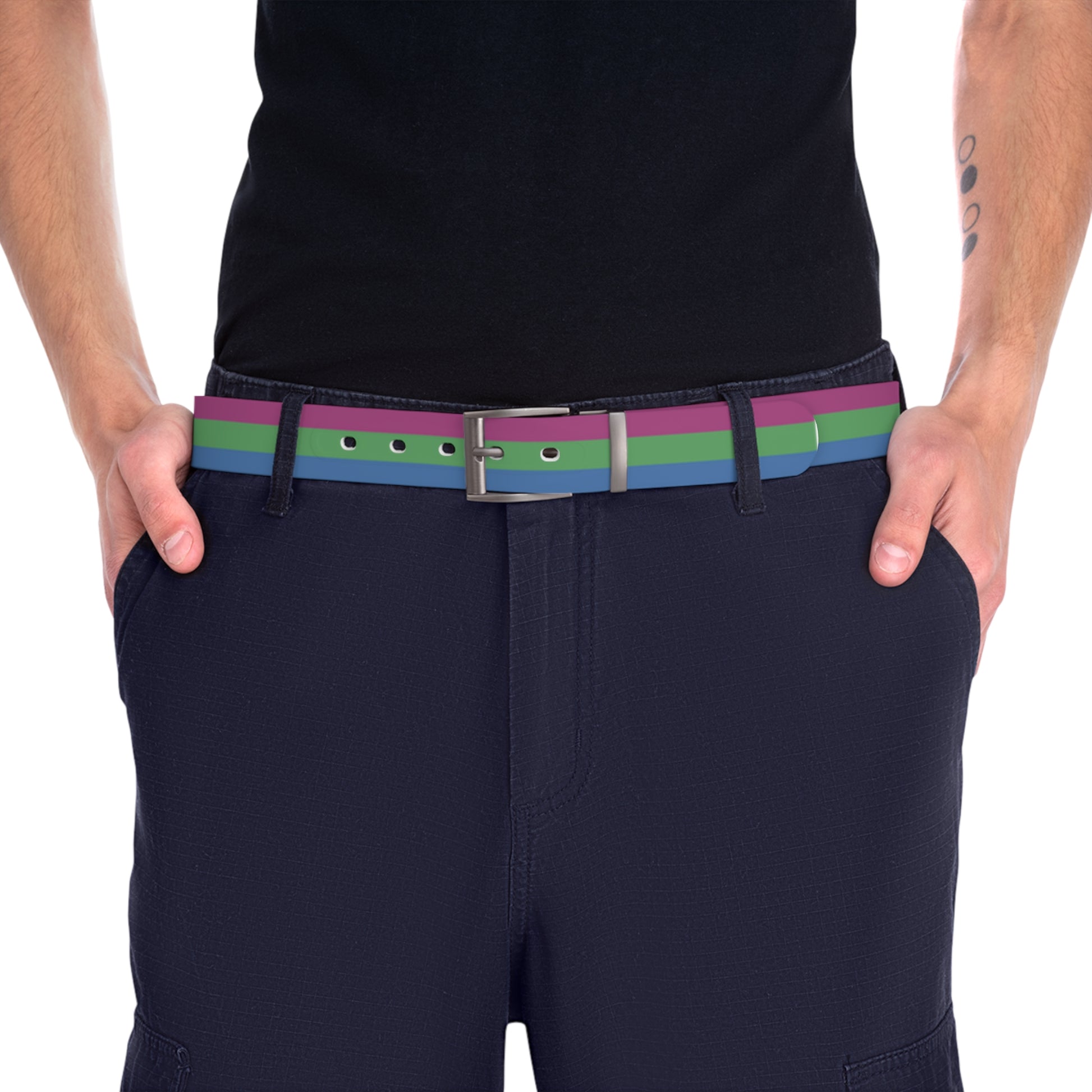 Navy shorts with a polysexual pride belt on a white background