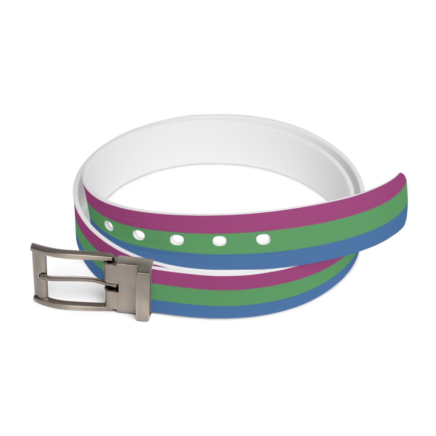 polysexual pride striped belt with a silver buckle on a white background