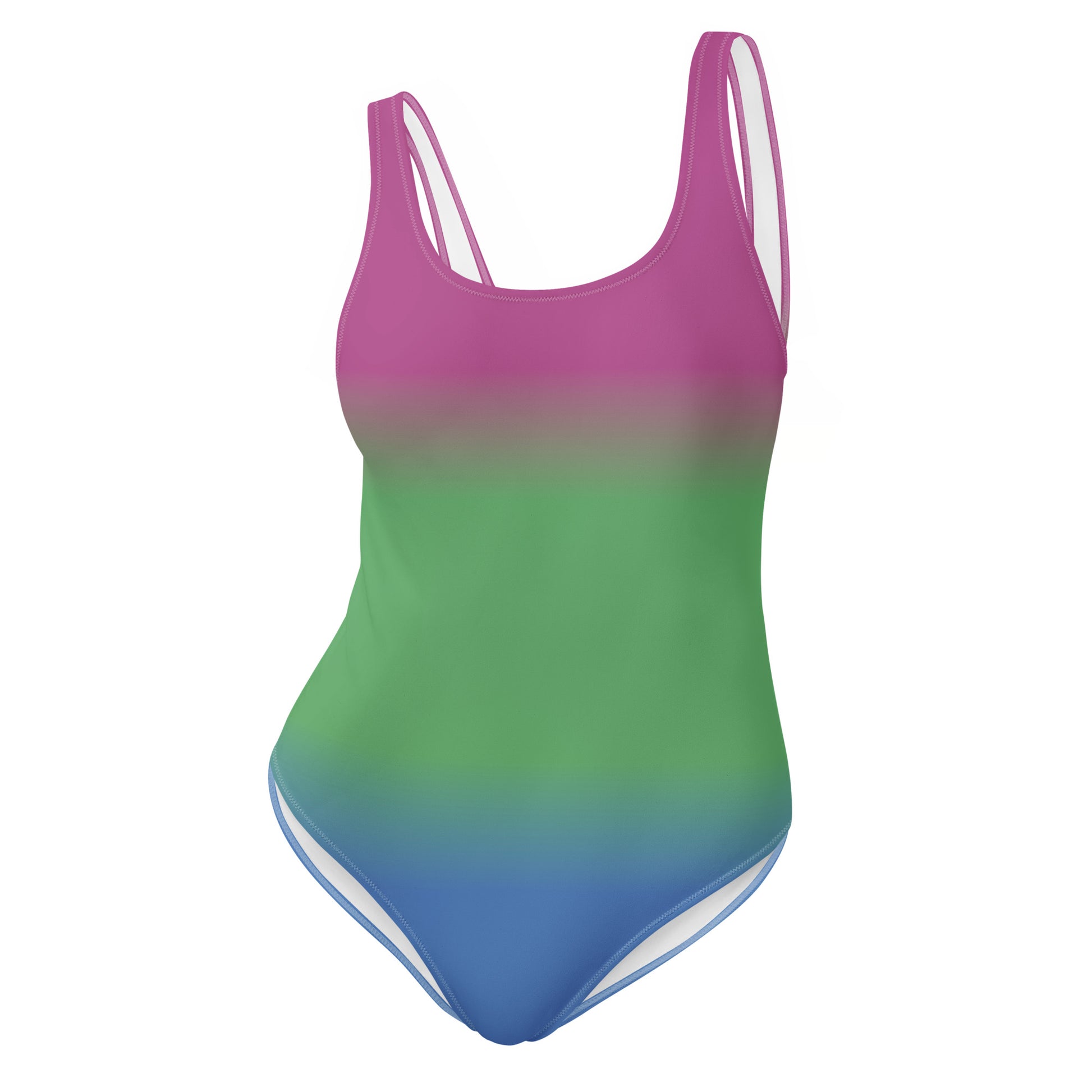 polysexual pride Gradient swimsuit with pink, green, and blue colors on a white background