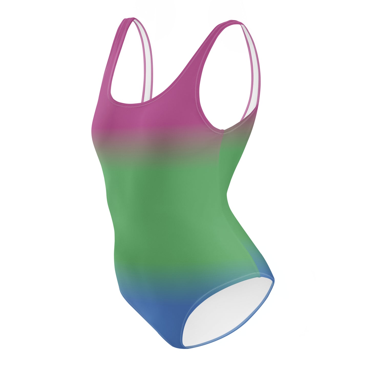 Gradient swimsuit with pink, green, and blue colors on a white background