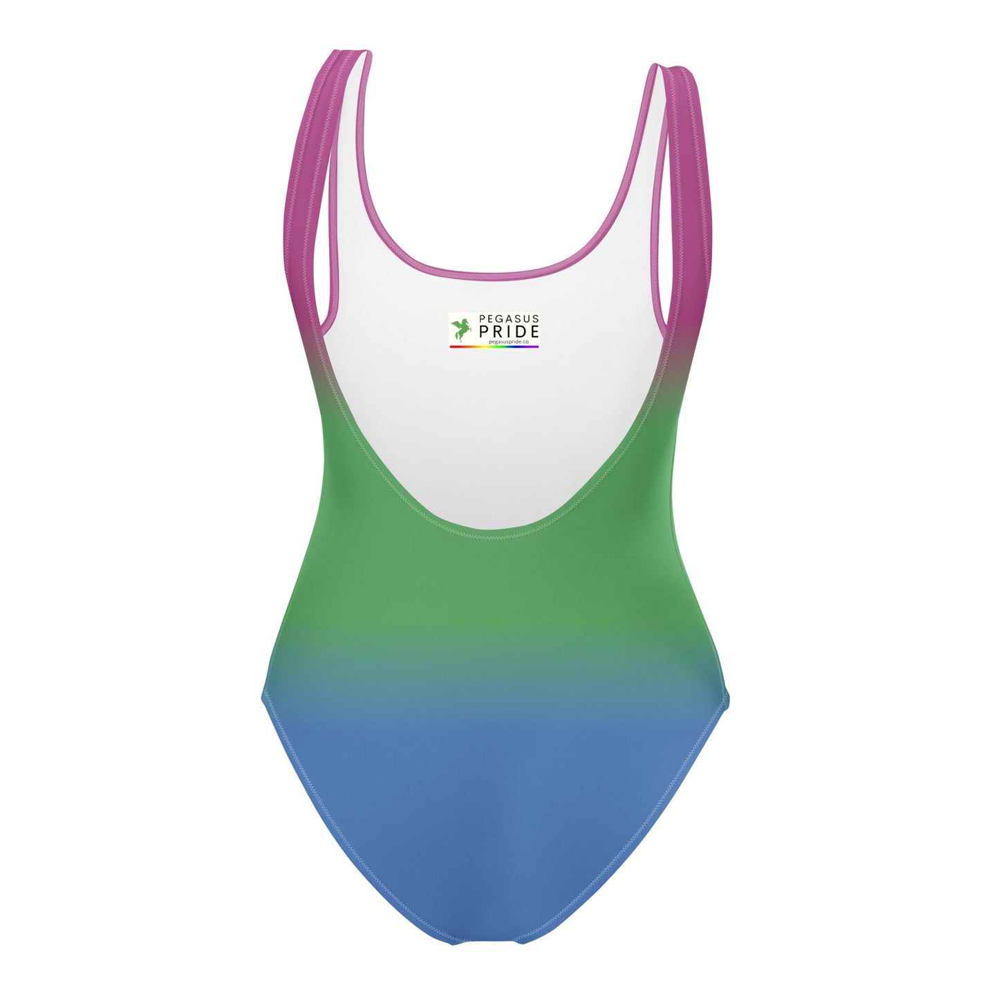 Gradient swimsuit with pink, green, and blue colors on a white background