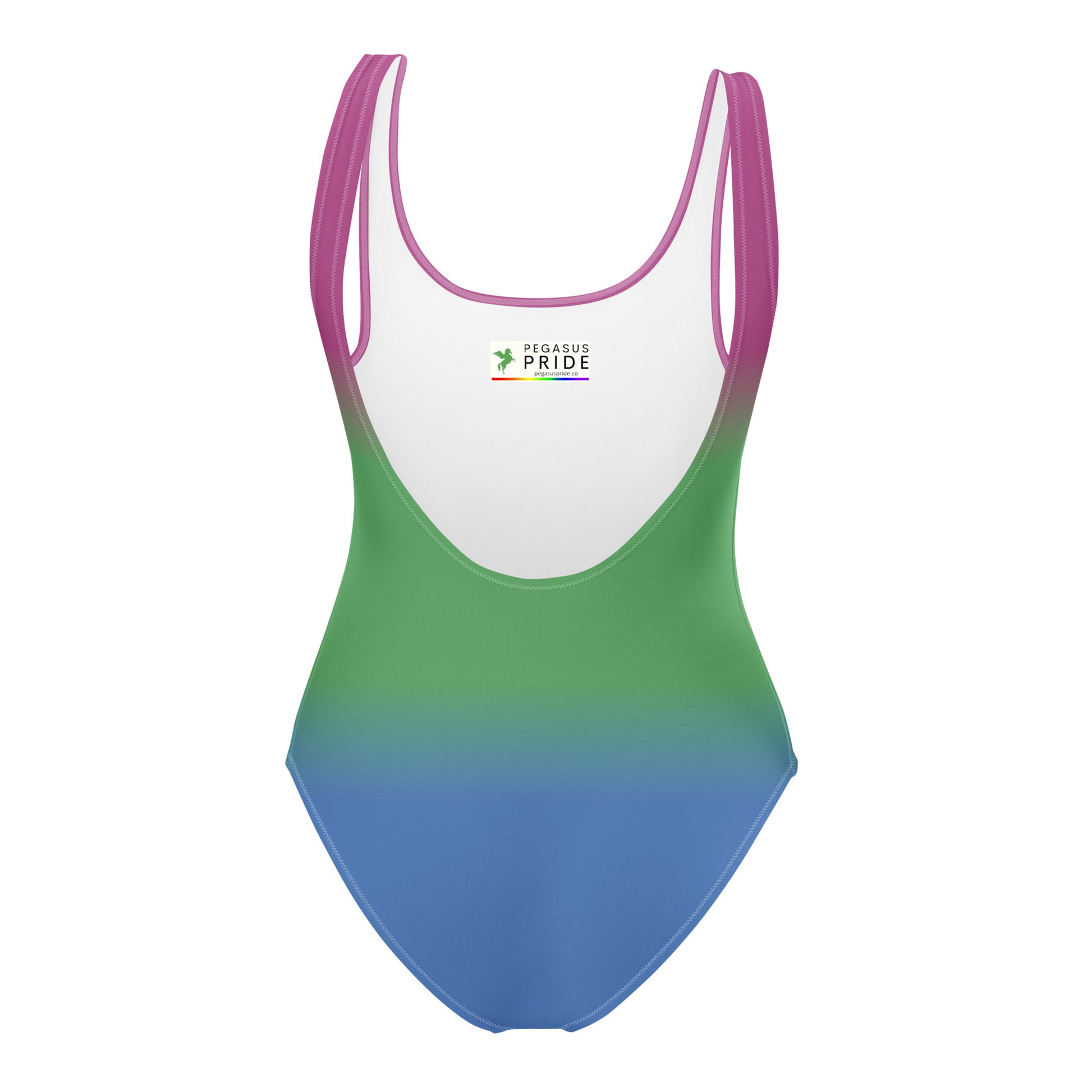 Gradient swimsuit with pink, green, and blue colors on a white background