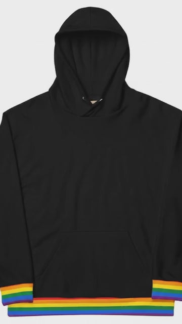 Short video of person wearing lgbtq pride hoodie rainbow inside hood cotton pullover