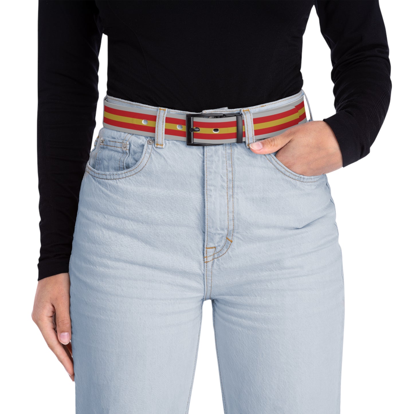 Person wearing light blue jeans with a proculsexual pride belt with a black buckle on a white background