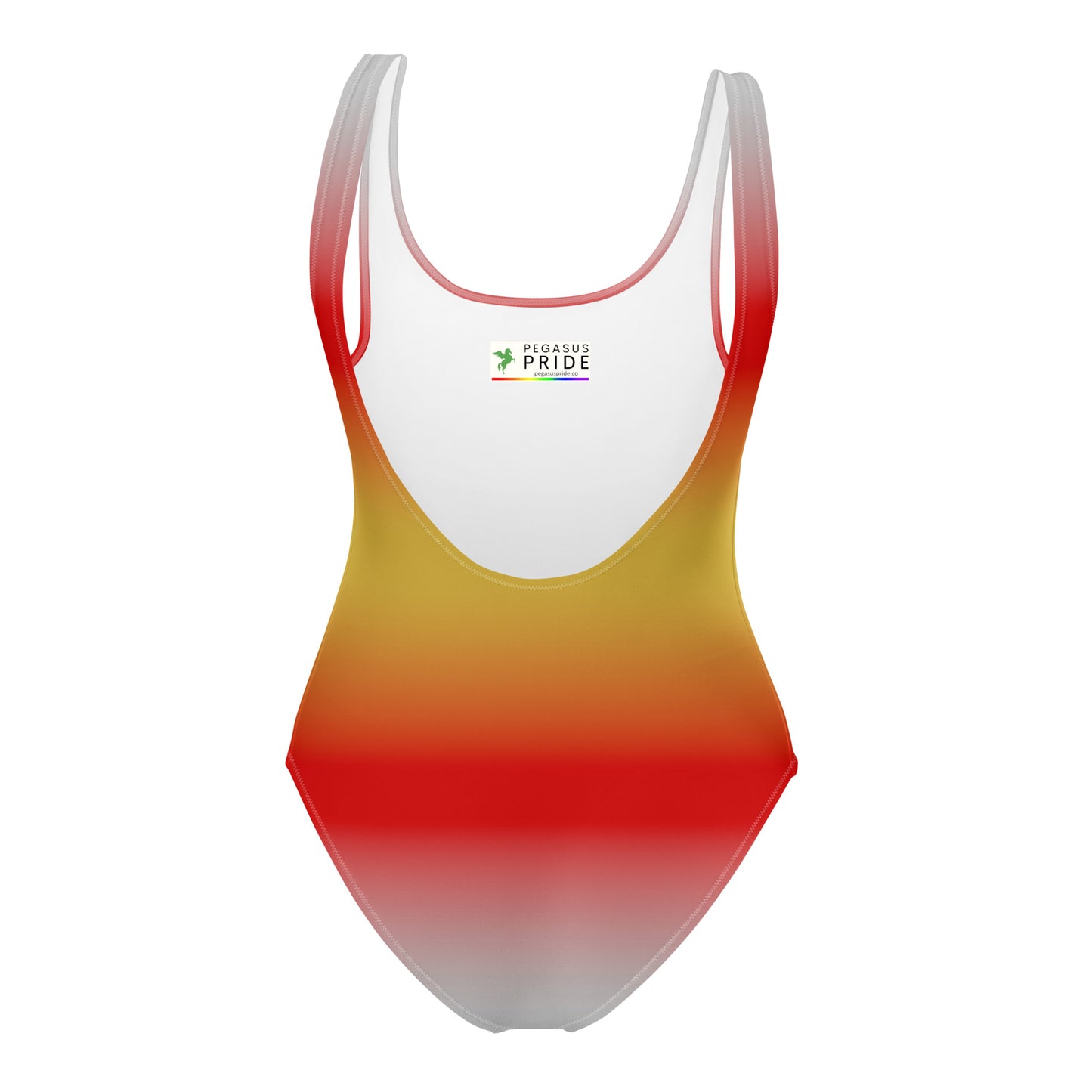 Gradient swimsuit with red to yellow color change on a white background