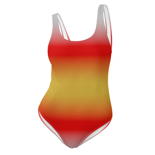 proculsexual pride gradient red to yellow and grey swimsuit on a white background