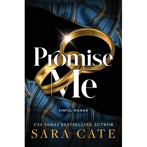 Book cover of 'Promise Me' by Sara Cate with gold rings and plaid pattern