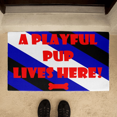 Pup Play - A Playful Pup Lives Here Welcome Mat pup-play-a-playful-pup-lives-here-welcome-door-mat-lifestyle