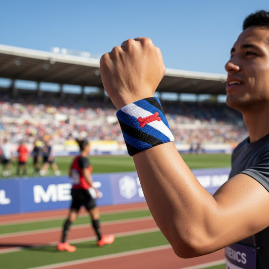 A close-up lifestyle shot of a male athlete at an outdoor track and field stadium, raising his fist in celebration. He is wearing a blue and white striped athletic wristband with a red bone graphic.