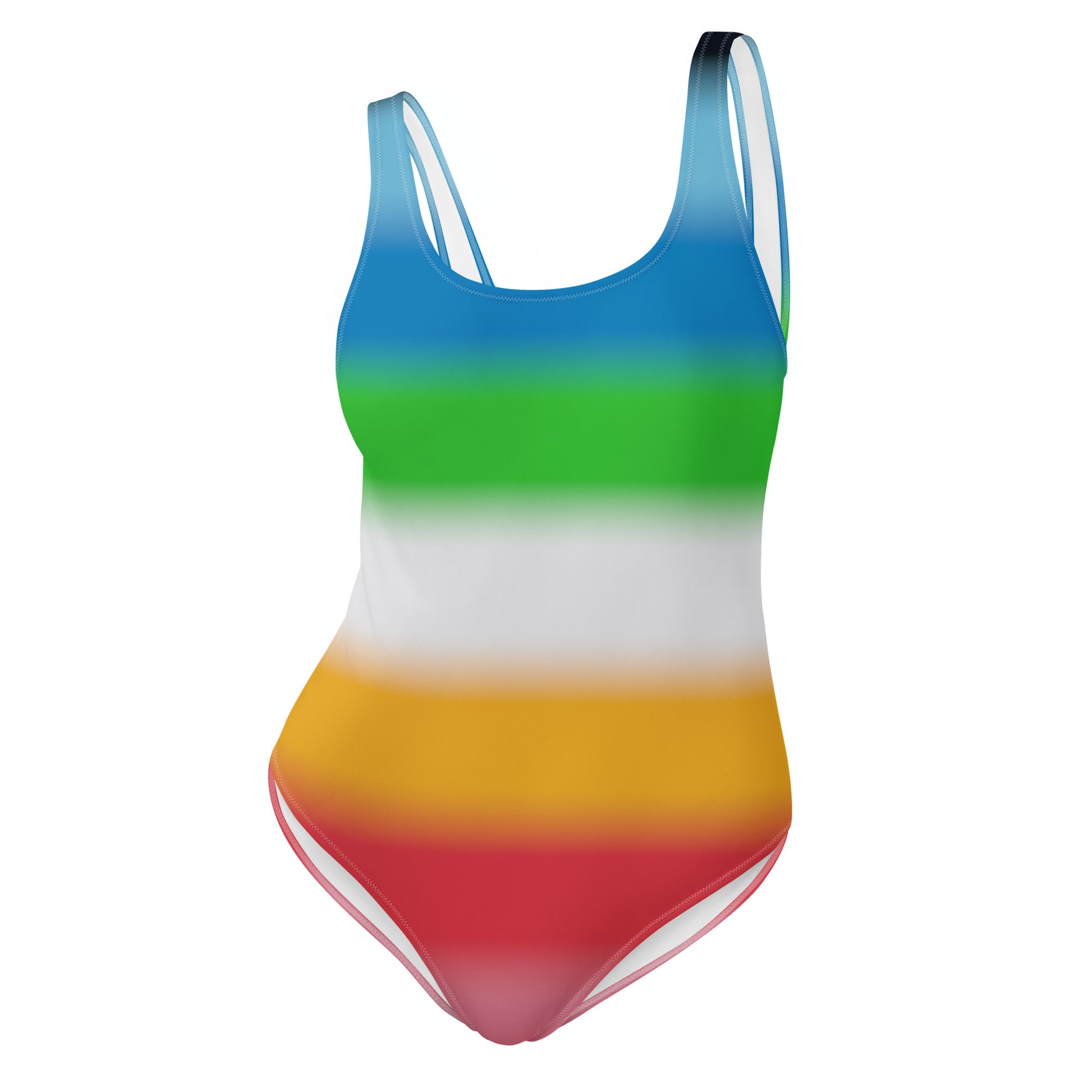 queer pride swimsuit with a rainbow pattern on a white background