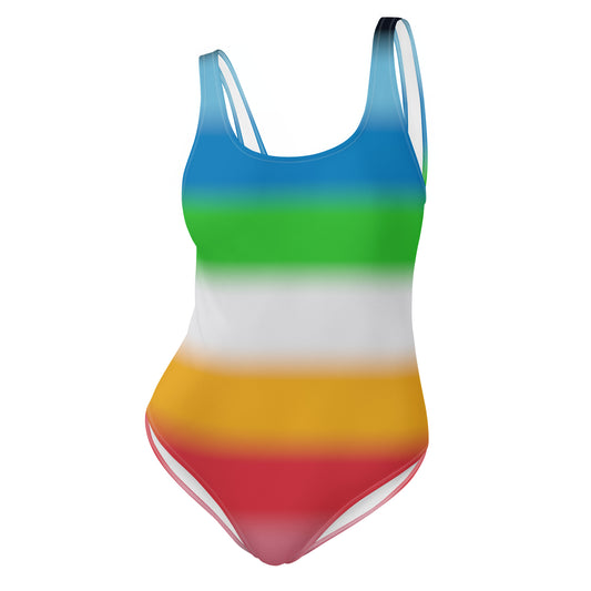 queer pride swimsuit with a rainbow pattern on a white background