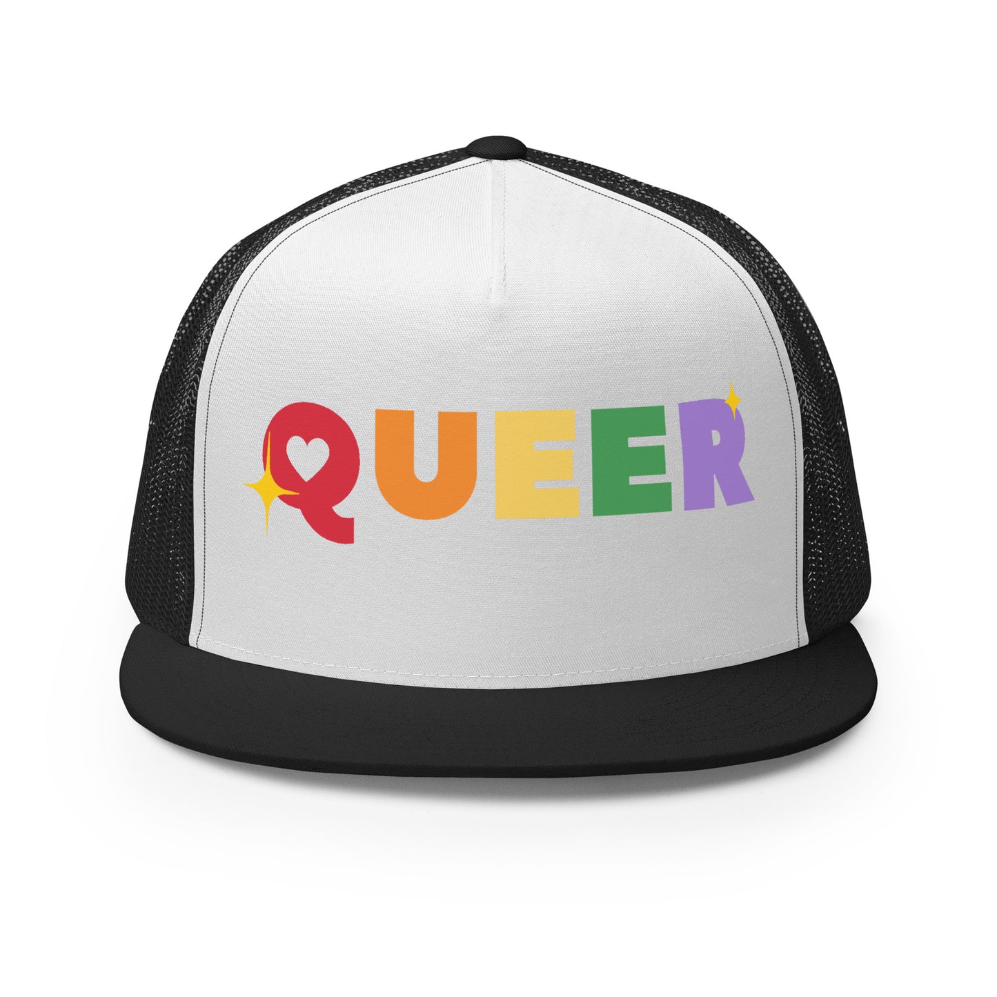 Queer Trucker Baseball Cap Hat Black White Black queer-trucker-baseball-cap-hat-black-white-black-front Trucker Caps