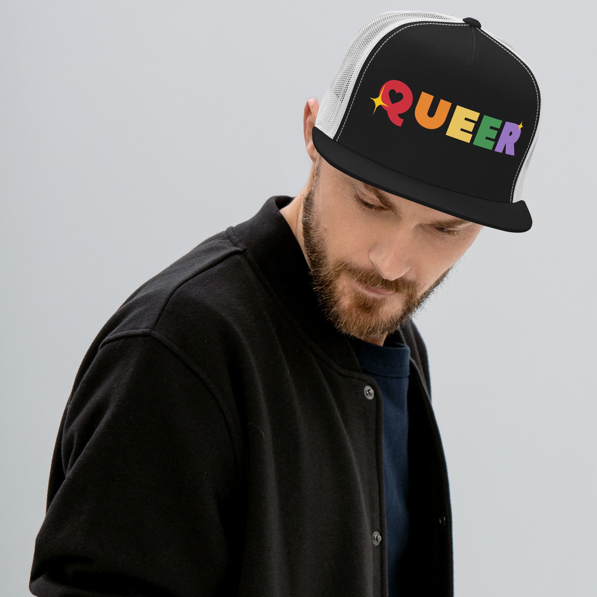 Queer Trucker Baseball Cap Hat queer-trucker-baseball-cap-hat-black-white-front-lifestyle Trucker Caps