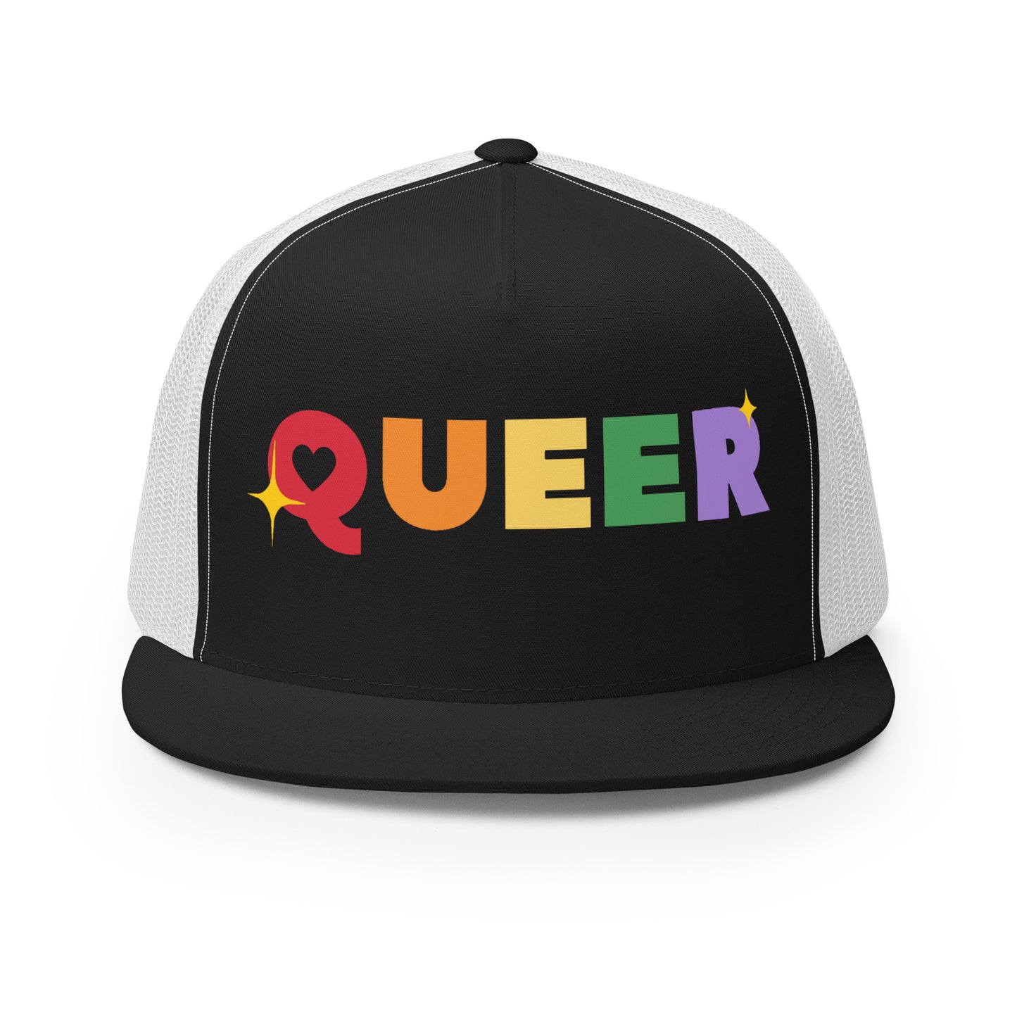 Queer Trucker Baseball Cap Hat Black White queer-trucker-baseball-cap-hat-black-white-front Trucker Caps