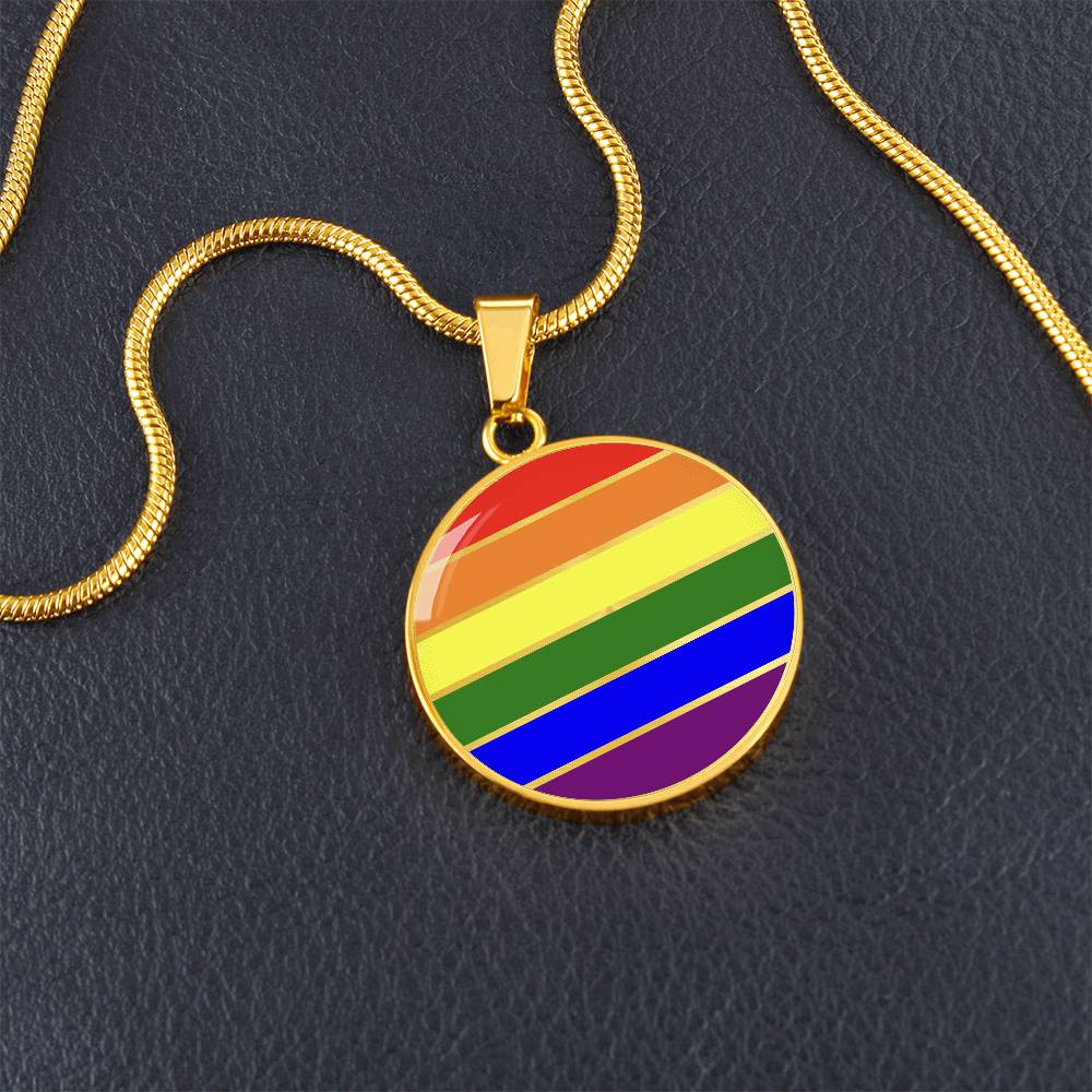 LGBTQ Pride Circle Pendant Necklace rainbow_pride_gold_front_on_table