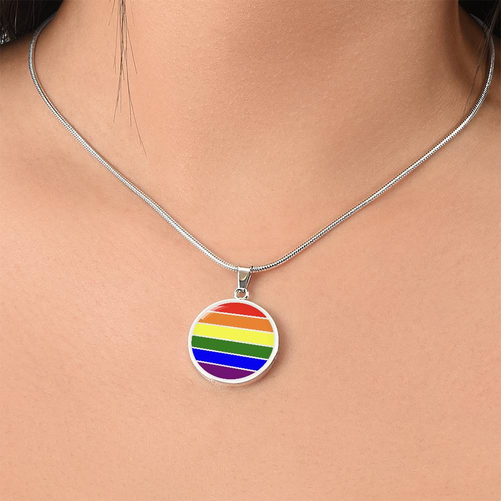 LGBTQ Pride Circle Pendant Necklace rainbow_pride_silver_on_model