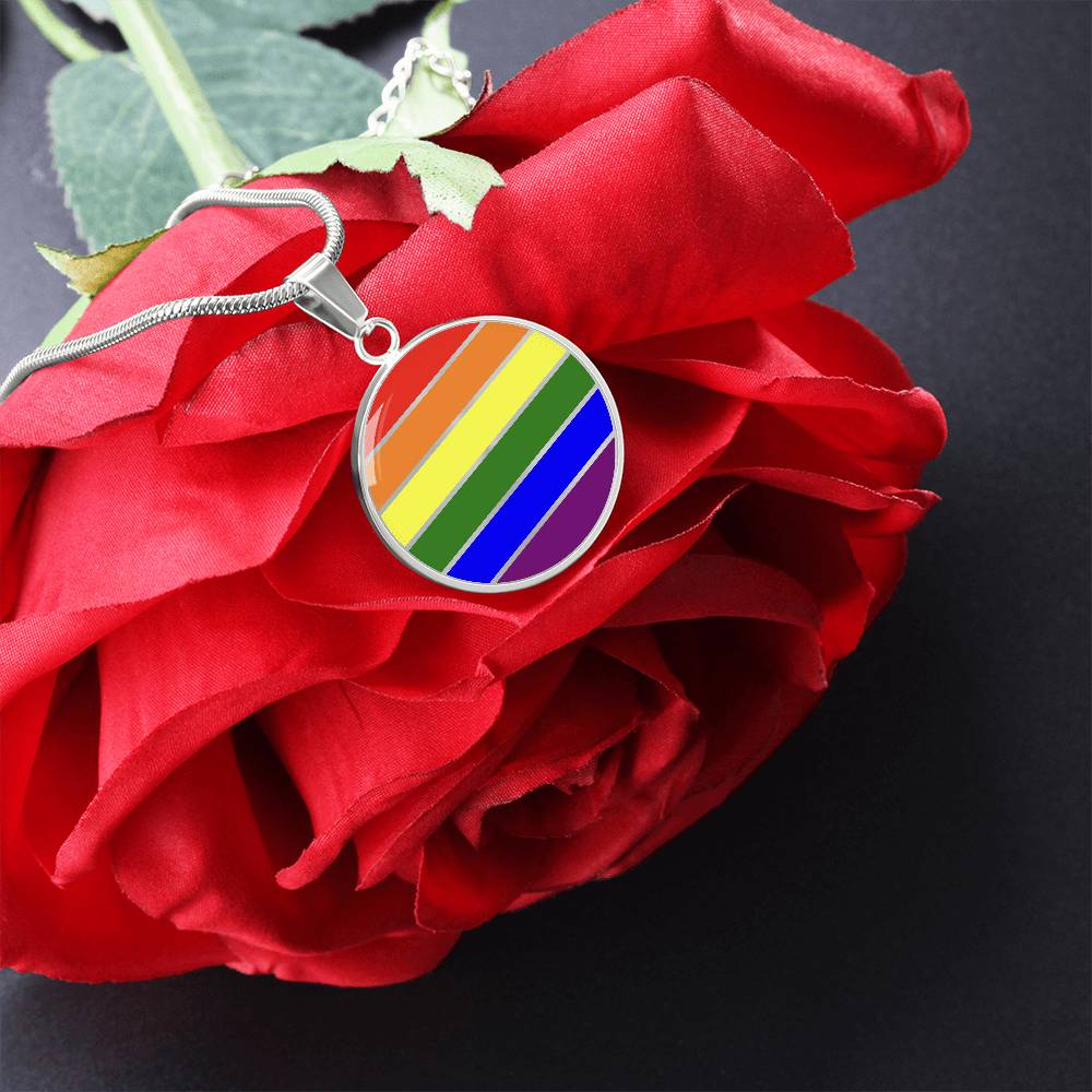 LGBTQ Pride Circle Pendant Necklace rainbow_pride_silver_on_roses