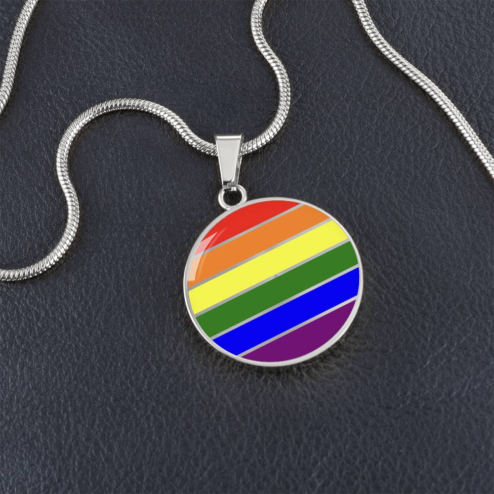 LGBTQ Pride Circle Pendant Necklace rainbow_pride_silver_on_table