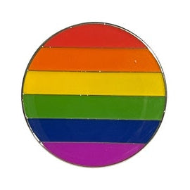 Round pin with lgbt rainbow flag design on a white background