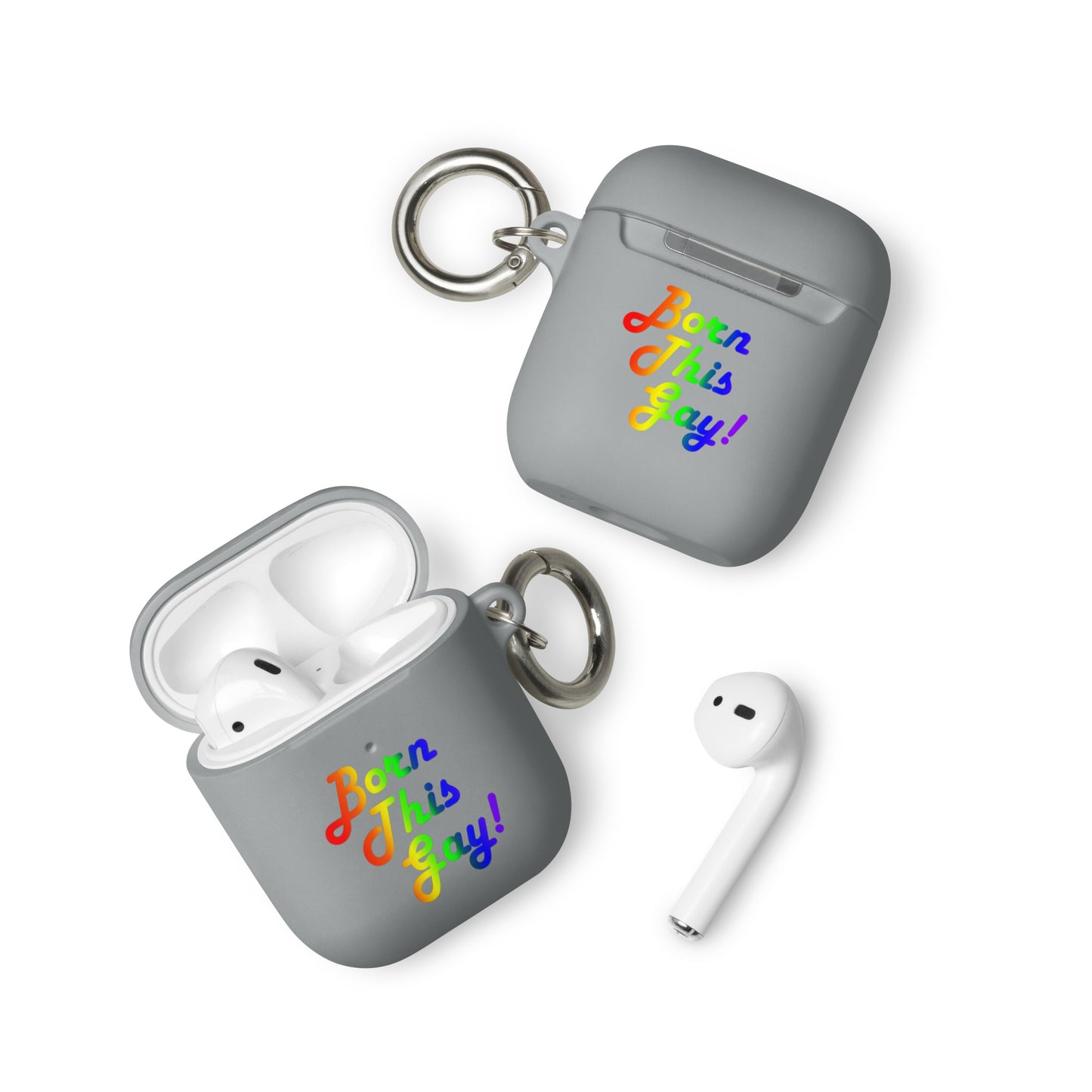 LGBTQ Pride Rubber Case for Apple AirPods - Born This Gay Grey AirPods Pride rubber-case-for-airpods-grey-airpods-front-64adce3653d6a