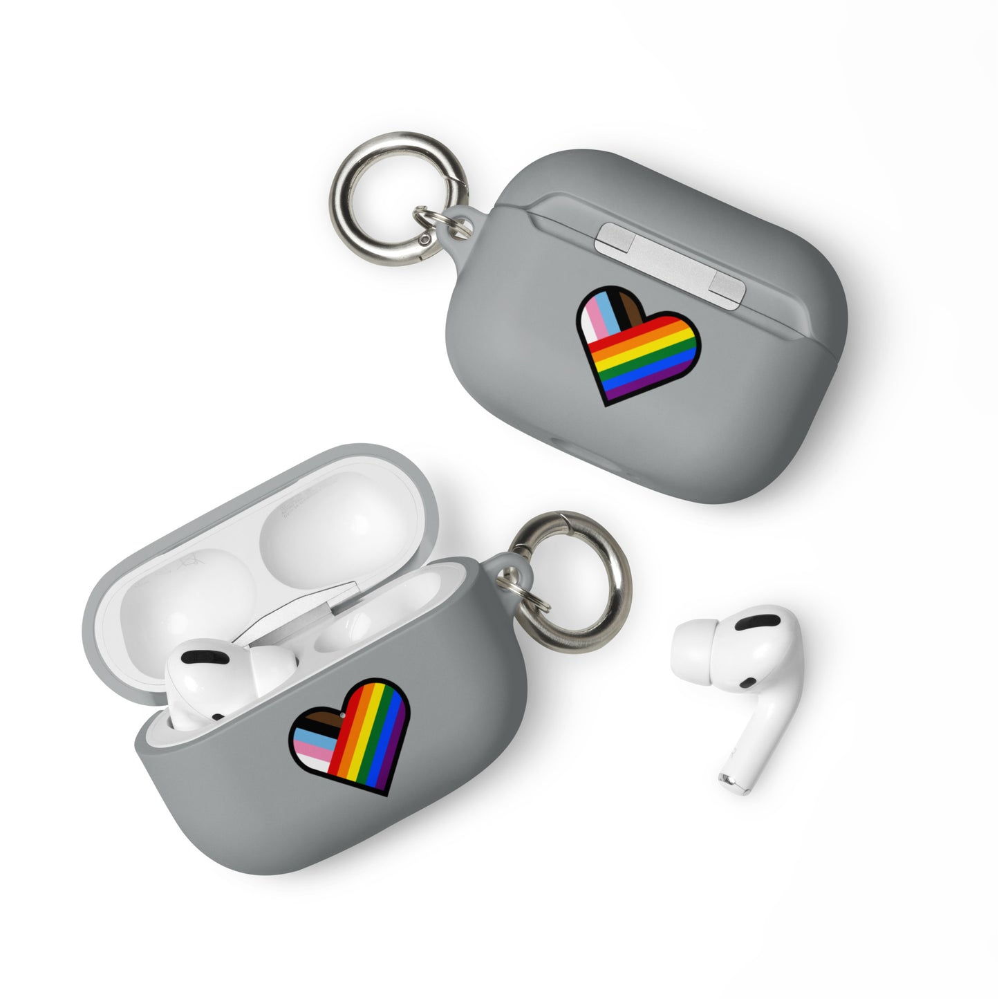 LGBTQ Pride Rubber Case for Apple AirPods - Progress Pride Heart Grey AirPods Pro Pride rubber-case-for-airpods-grey-airpods-pro-front-64adec5434f76