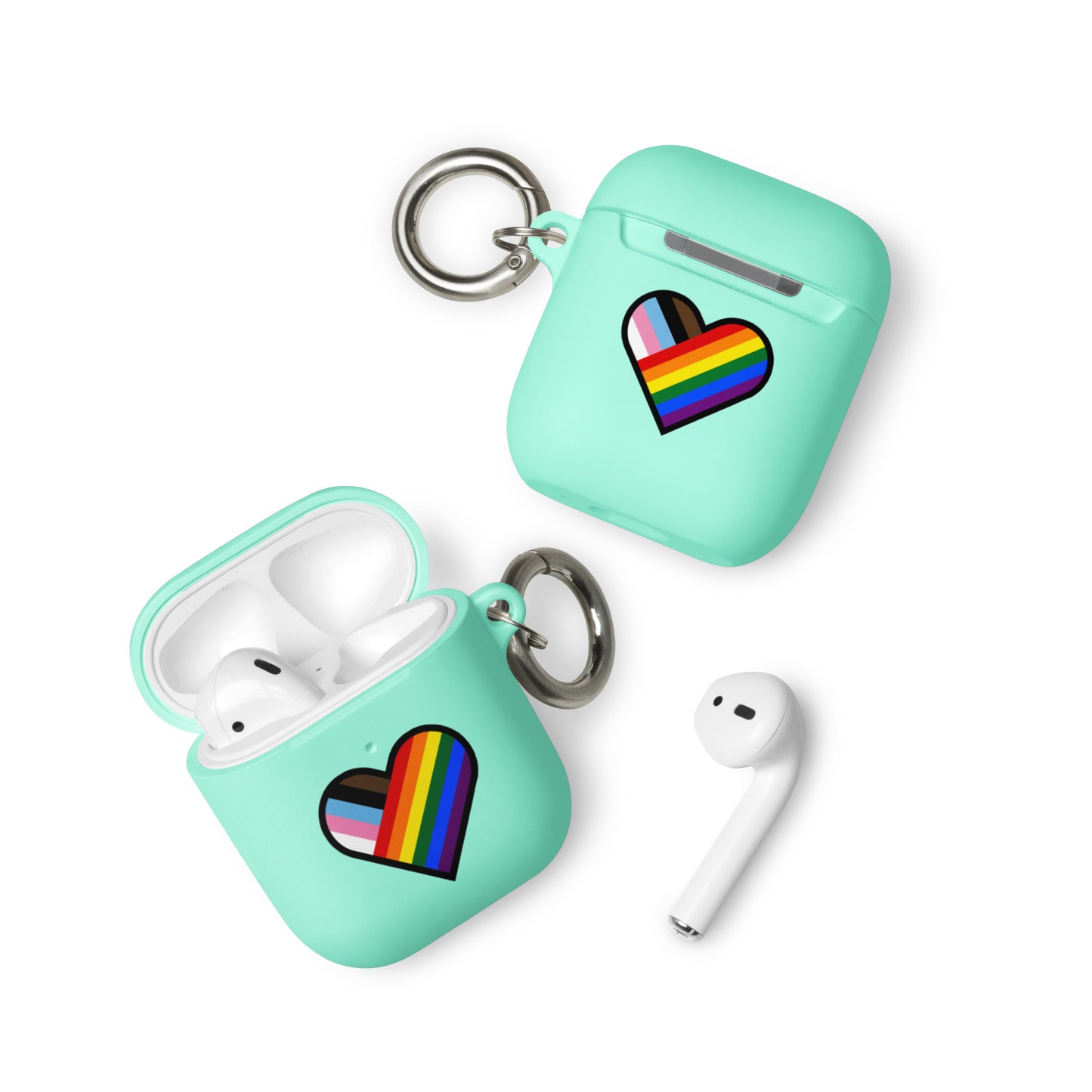 LGBTQ Pride Rubber Case for Apple AirPods - Progress Pride Heart Mint AirPods Pride rubber-case-for-airpods-mint-airpods-front-64adec543523b