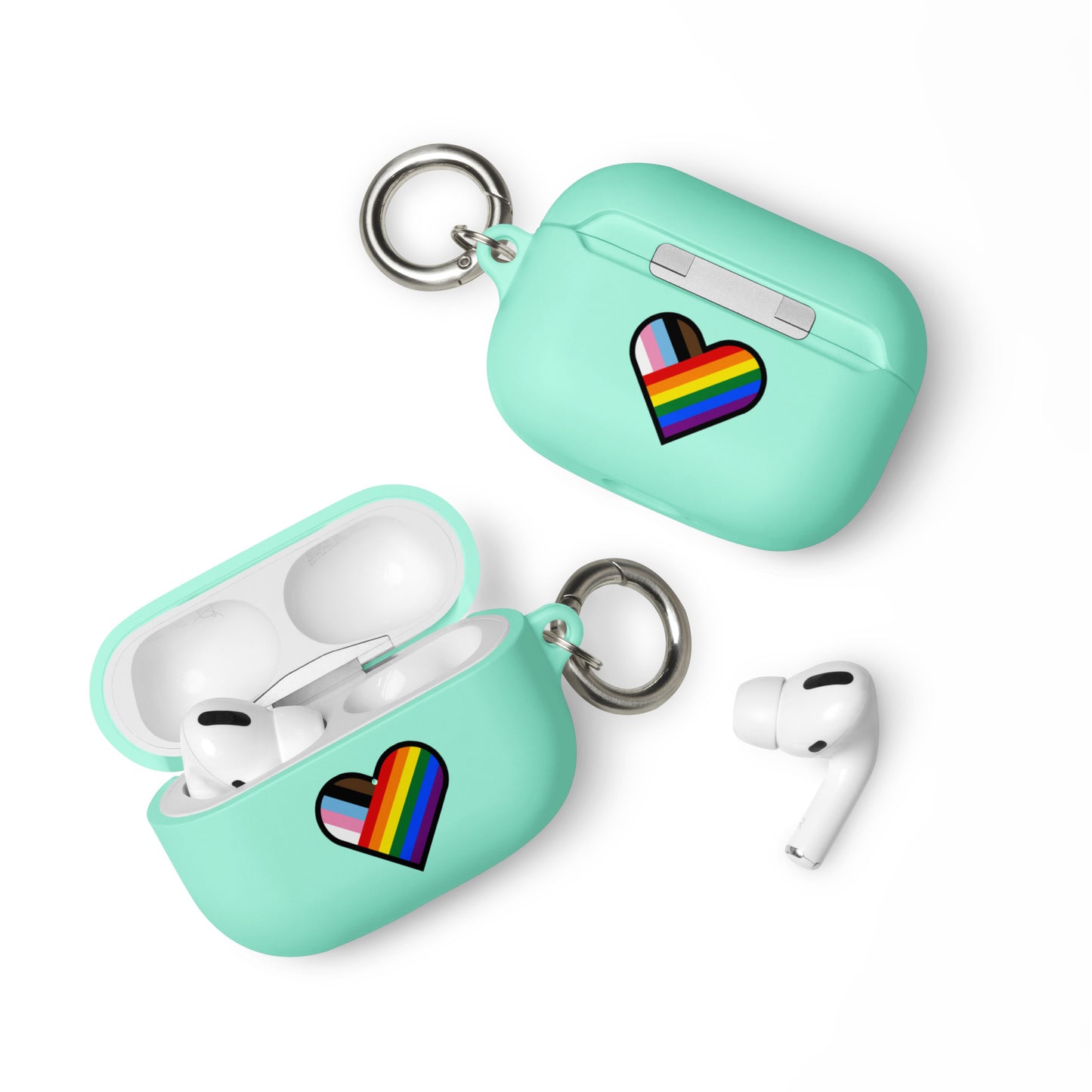 LGBTQ Pride Rubber Case for Apple AirPods - Progress Pride Heart Mint AirPods Pro Pride rubber-case-for-airpods-mint-airpods-pro-front-64adec54352d2