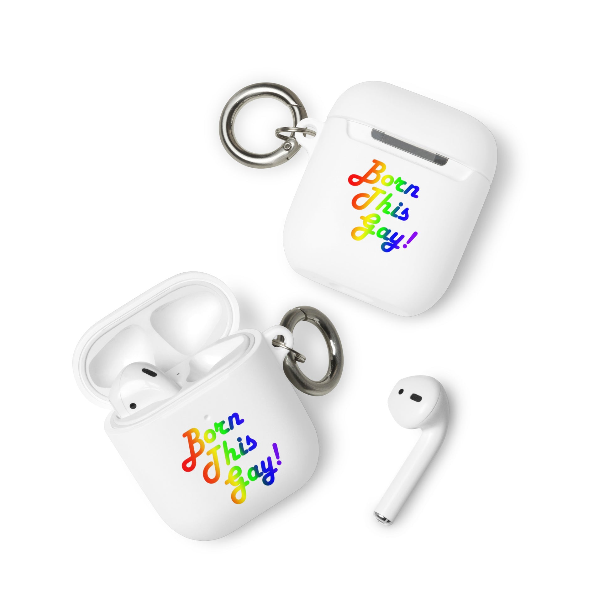 LGBTQ Pride Rubber Case for Apple AirPods - Born This Gay White AirPods Pride rubber-case-for-airpods-white-airpods-front-64adce36542f0